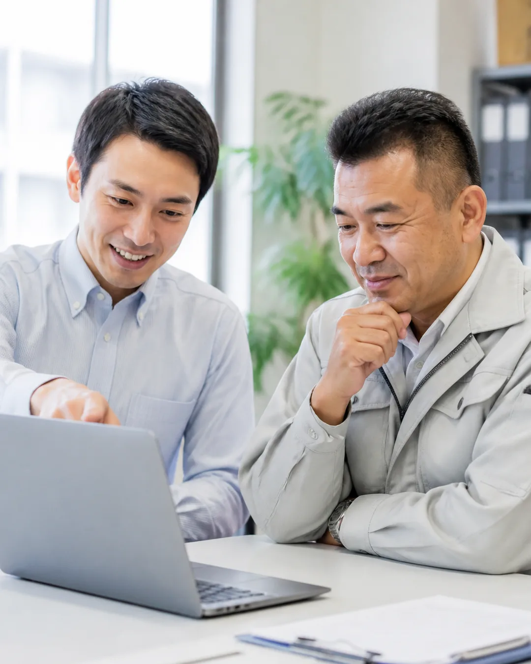 AI顧問が中小企業の社長の横に座り、ノートPCを一緒に見ながら次の一手を提案している